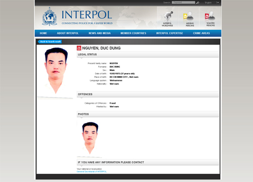 Dũng bị Interpol truy nã.