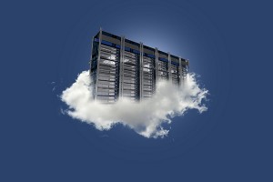 Cloud Server on the Sky. Cloud Data Center Floating on the Small Cloud. Clear Blue Sky. Cloud Technology Theme.